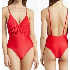 Farm Rio Swimming suit Womens Sz Large one piece with beaded straps Red Wine New